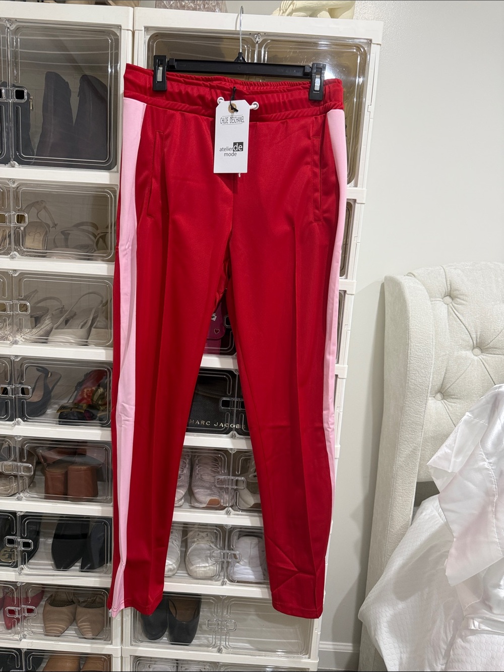 Red Track Joggers with Pink Side Stripe